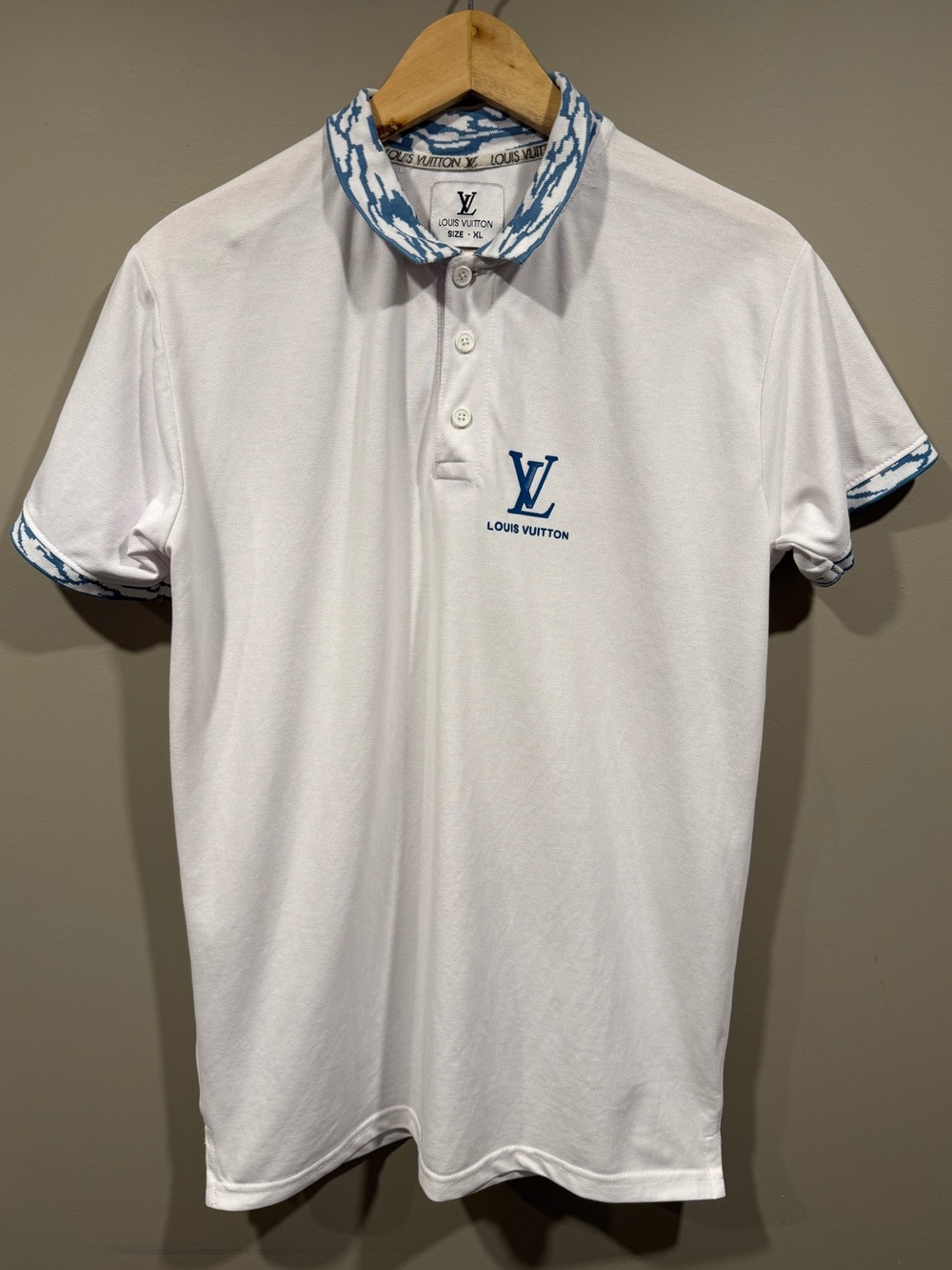 LV vintage style White Polo with Blue Monogram and Trim